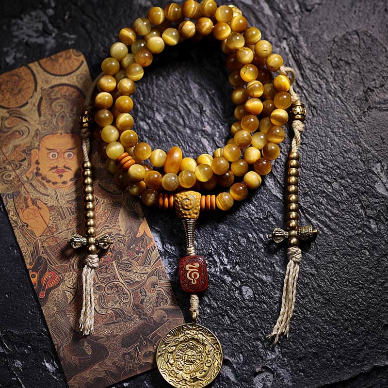 Fortune Jewel 108 Mala Beads Natural Tiger Eye Copper Dorje Protection Tassel Bracelet
