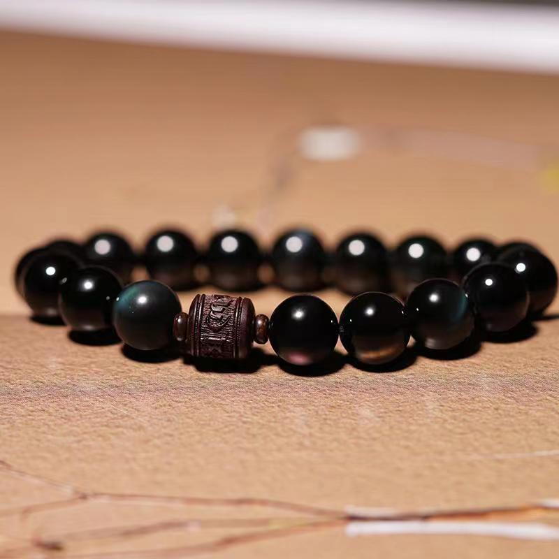 Fortune Jewel Natural Gold Sheen Obsidian Rainbow Obsidian Om Mani Padme Hum Fu Character Healing Bracelet