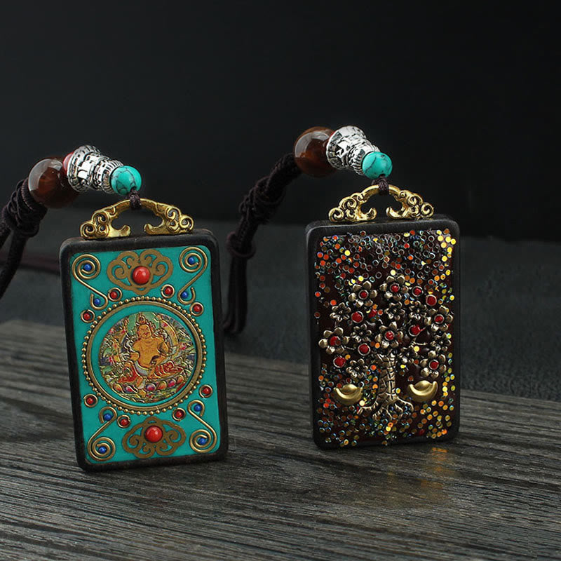 Fortune Jewel Tibet God Of Wealth Money Tree Golden Phoenix Thangka Ebony Peace Necklace Pendant