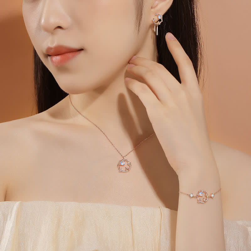 Fortune Jewel 925 Sterling Silver Year of the Rabbit Moonstone Moon Flower Pattern Necklace Pendant Bracelet Earrings