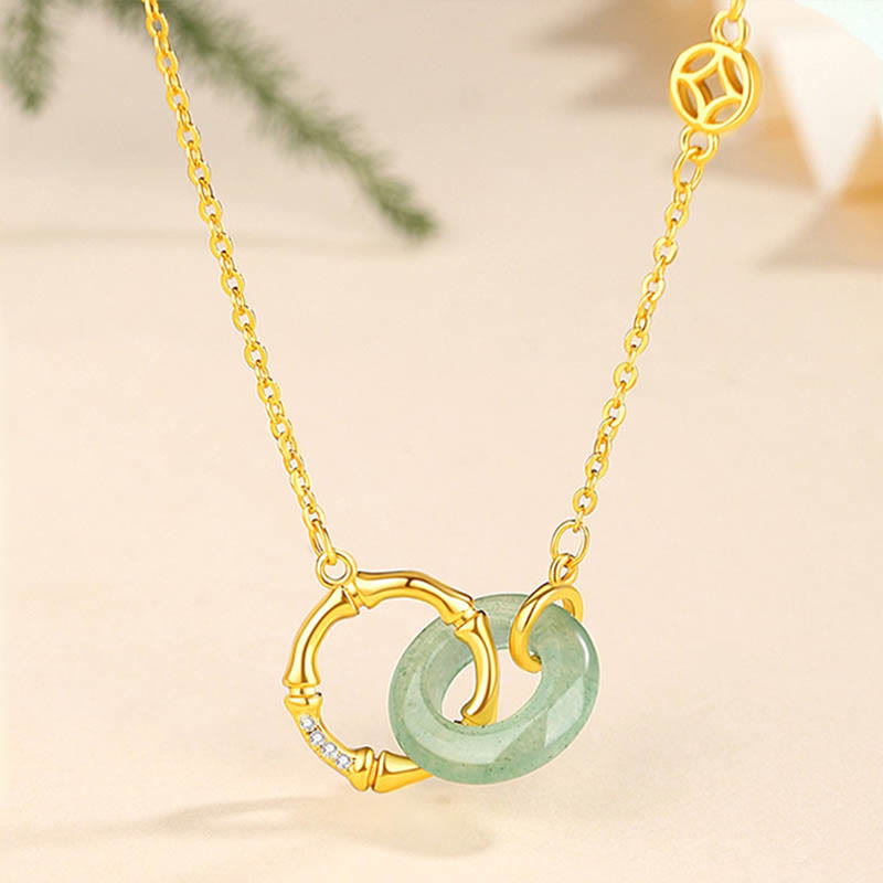 Fortune Jewel 925 Sterling Silver Natural Green Aventurine Peace Buckle Bamboo Coin Prosperity Necklace Pendant
