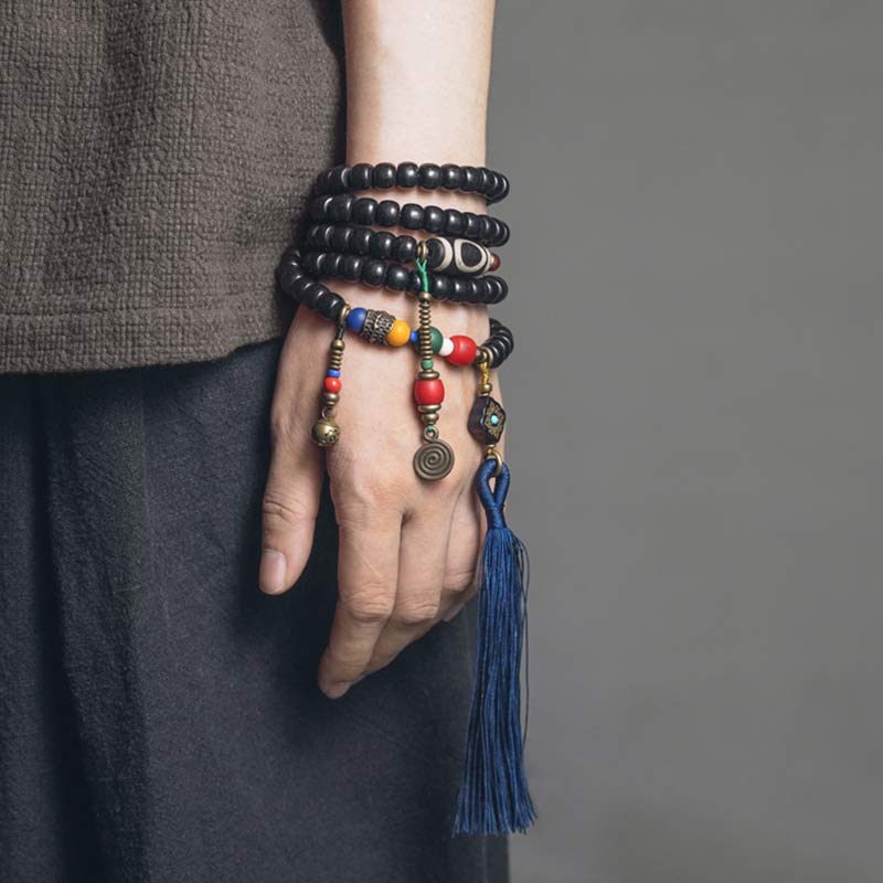 Fortune Jewel 108 Beads Mala Ebony Wood Dzi Bead Copper Balance Tassel Bracelet