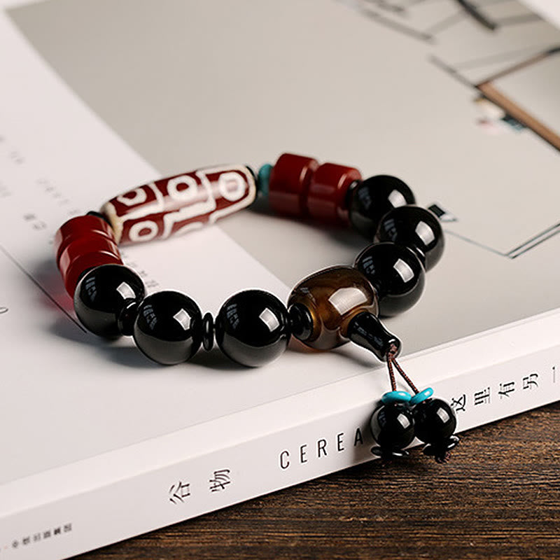 Fortune Jewel Tibetan Nine-Eye Dzi Bead Black Onyx Wealth Protection Bracelet
