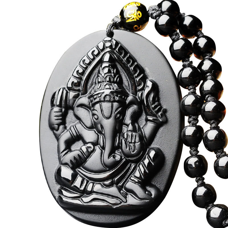 Fortune Jewel Tibetan Obsidian Ganesh Ganpati Elephant Wealth Amulet Necklace
