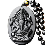 Fortune Jewel Tibetan Obsidian Ganesh Ganpati Elephant Wealth Amulet Necklace
