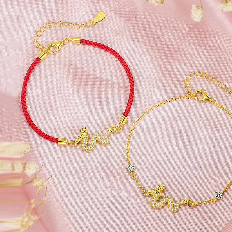 Fortune Jewel 925 Sterling Silver Year Of The Dragon Auspicious Golden Dragon Luck Red Rope Chain Bracelet