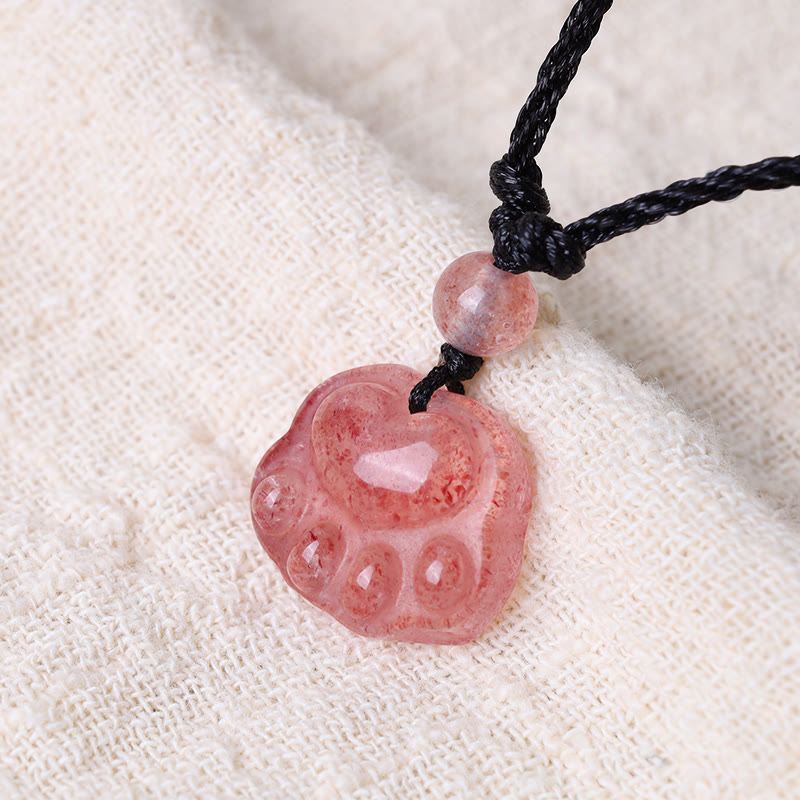 Fortune Jewel Strawberry Quartz Lovely Cat Paw Claw Healing Necklace Pendant