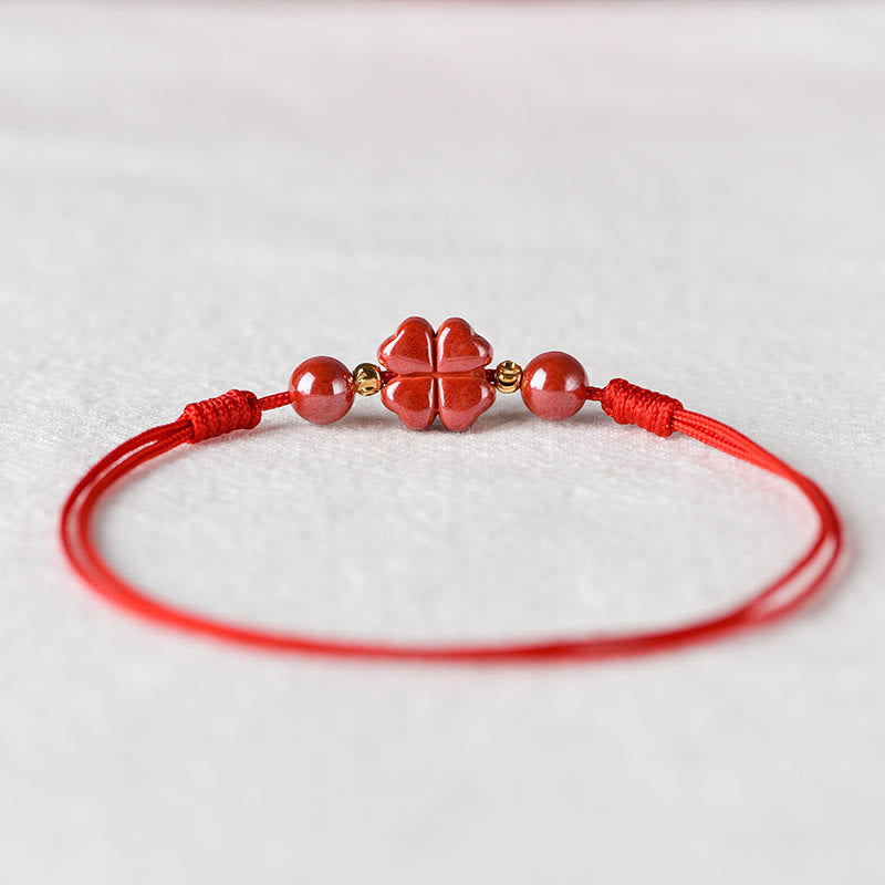 Fortune Jewel Four Leaf Clover Cinnabar Blessing Calm String Bracelet Anklet
