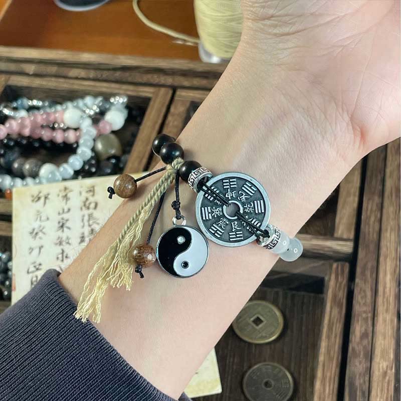 Fortune Jewel Cat's Eye Ebony Wood Yin Yang Bagua Coin Support Rope Bracelet