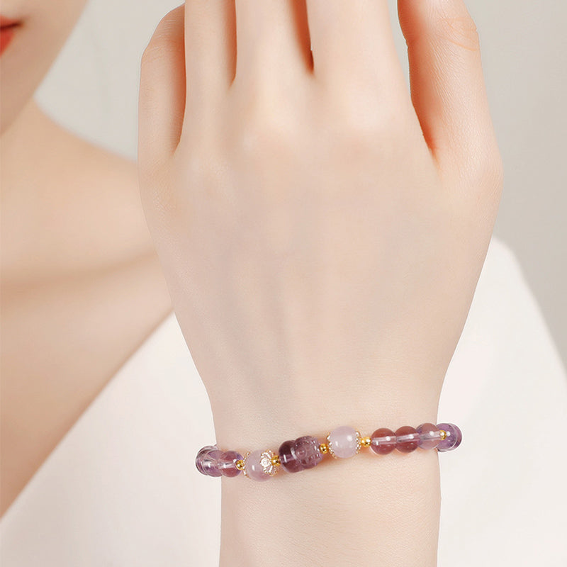 Fortune Jewel Aquamarine Strawberry Quartz Amethyst Moonstone PiXiu Healing Bracelet