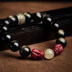 Fortune Jewel Gold Sheen Obsidian PiXiu Cinnabar Om Mani Padme Hum Protection Bracelet
