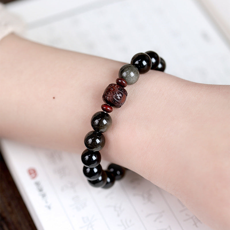 Fortune Jewel Natural Gold Sheen Obsidian Rainbow Obsidian Om Mani Padme Hum Fu Character Healing Bracelet