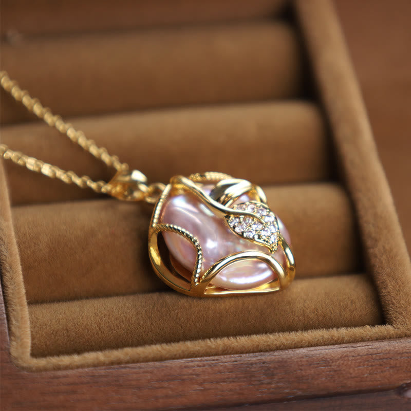 Fortune Jewel 18K Gold Plated Copper Natural Baroque Pearl Flower Sincerity Necklace Pendant