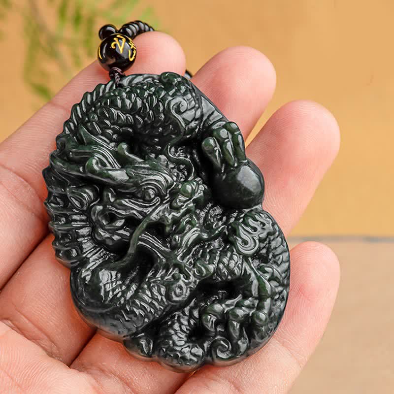 Fortune Jewel Hetian Cyan Jade Dragon Success Harmony Necklace Beaded String Pendant Fortune Jewel