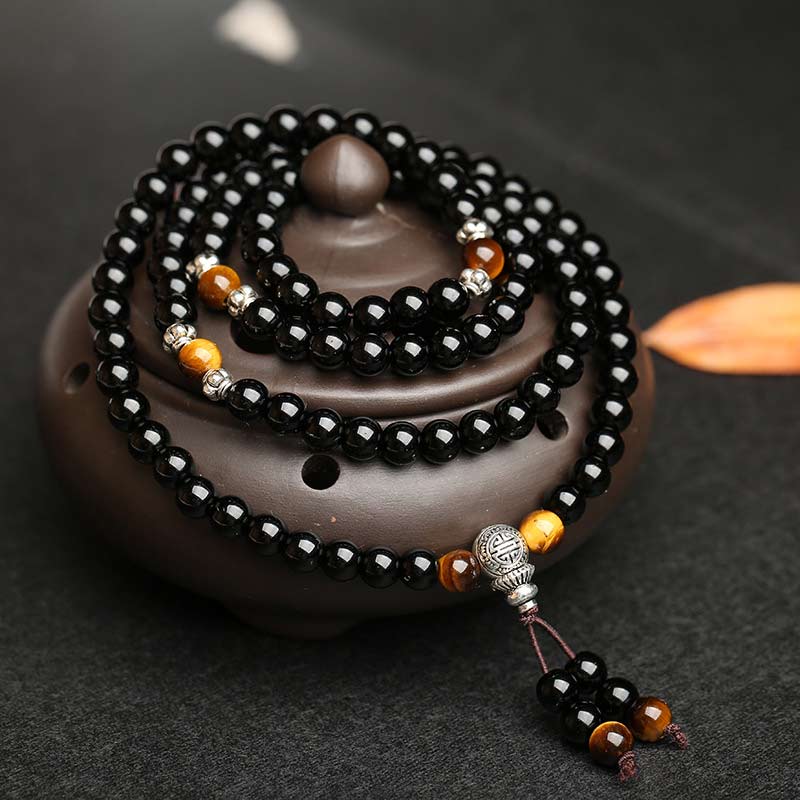 Fortune Jewel Black Obsidian Tiger Eye Blessing Mala Bracelet