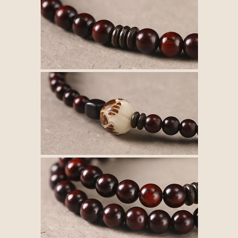 Fortune Jewel Small Leaf Red Sandalwood Lotus Bodhi Seed Carved Protection Double Wrap Bracelet