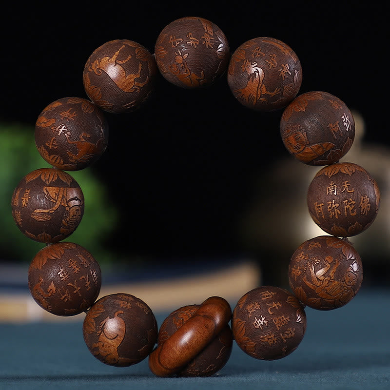 Fortune Jewel Chinese Zodiac Rosewood Green Sandalwood Ebony Wood Copper Coin Carved Calm Bracelet