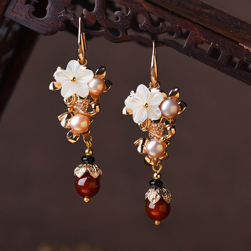 Fortune Jewel 14K Gold Plated Tridacna Stone Flower Pearl Green Aventurine Bead Drop Earrings