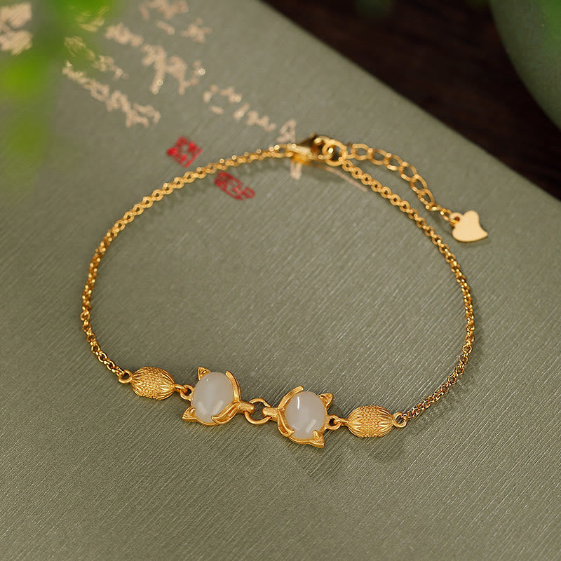 Fortune Jewel 925 Sterling Silver Natural Hetian White Jade Cyan Jade Lovely Fox Luck Bracelet