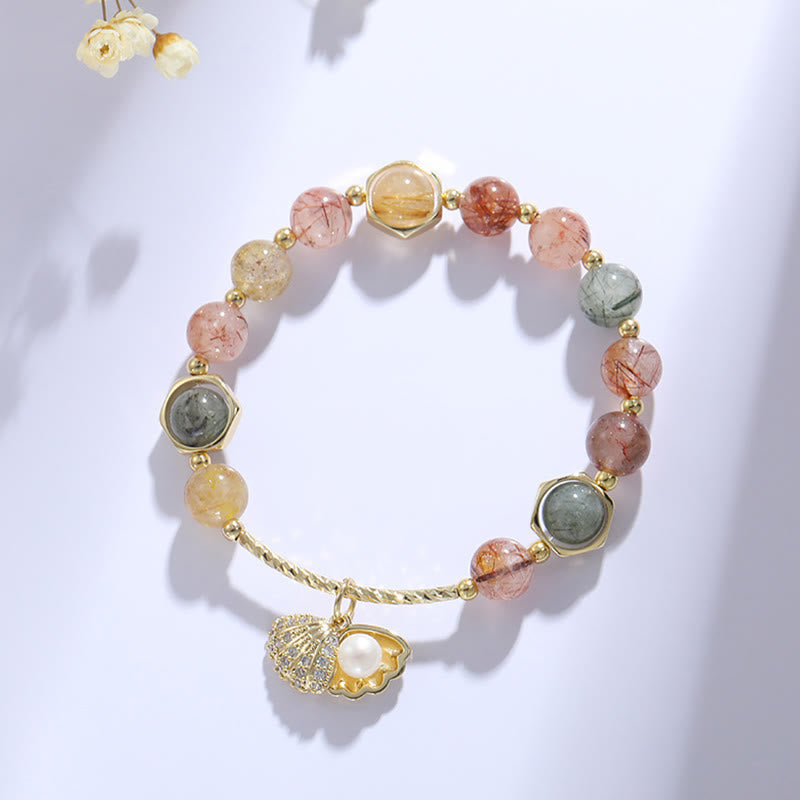 Fortune Jewel Natural Colorful Rutilated Quartz Shell Protection Bead Bracelet