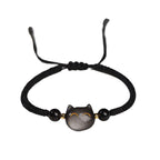 Fortune Jewel Handmade Natural Silver Sheen Obsidian Strawberry Quartz Cute Cat Protection Braided Bracelet