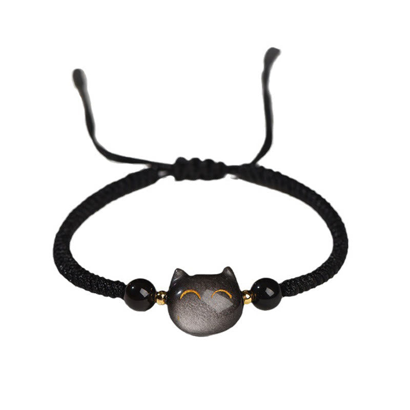 Fortune Jewel Handmade Natural Silver Sheen Obsidian Strawberry Quartz Cute Cat Protection Braided Bracelet