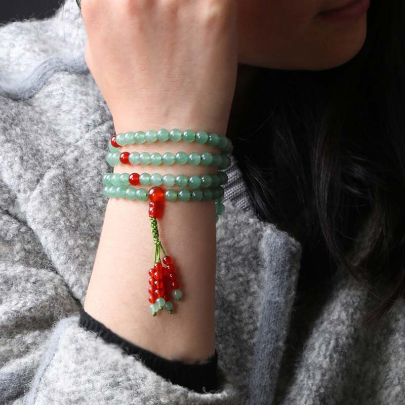 Fortune Jewel 108 Beads Green Aventurine Red Agate Luck Mala Bracelet
