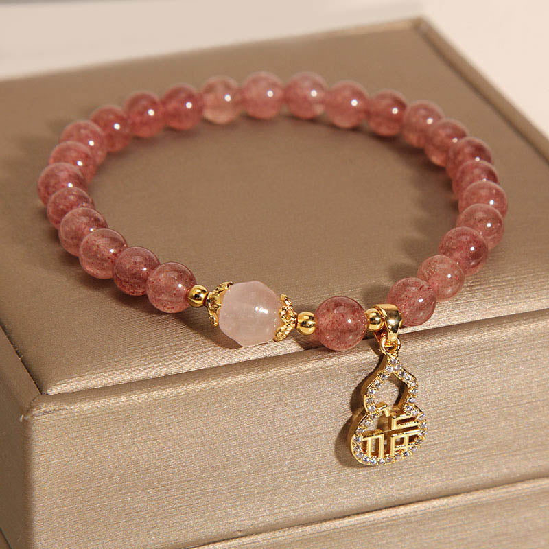 Fortune Jewel Strawberry Quartz Gourd Fu Character Charm Positive Bracelet