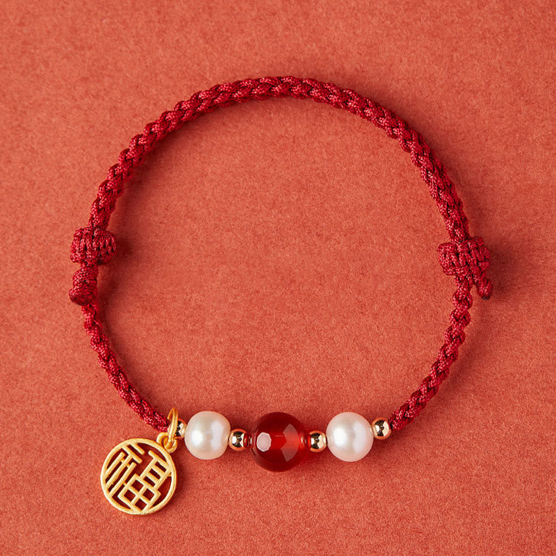 Fortune Jewel 925 Sterling Silver Good Fortune Fu Character Agate Pearl Red String Braid Bracelet
