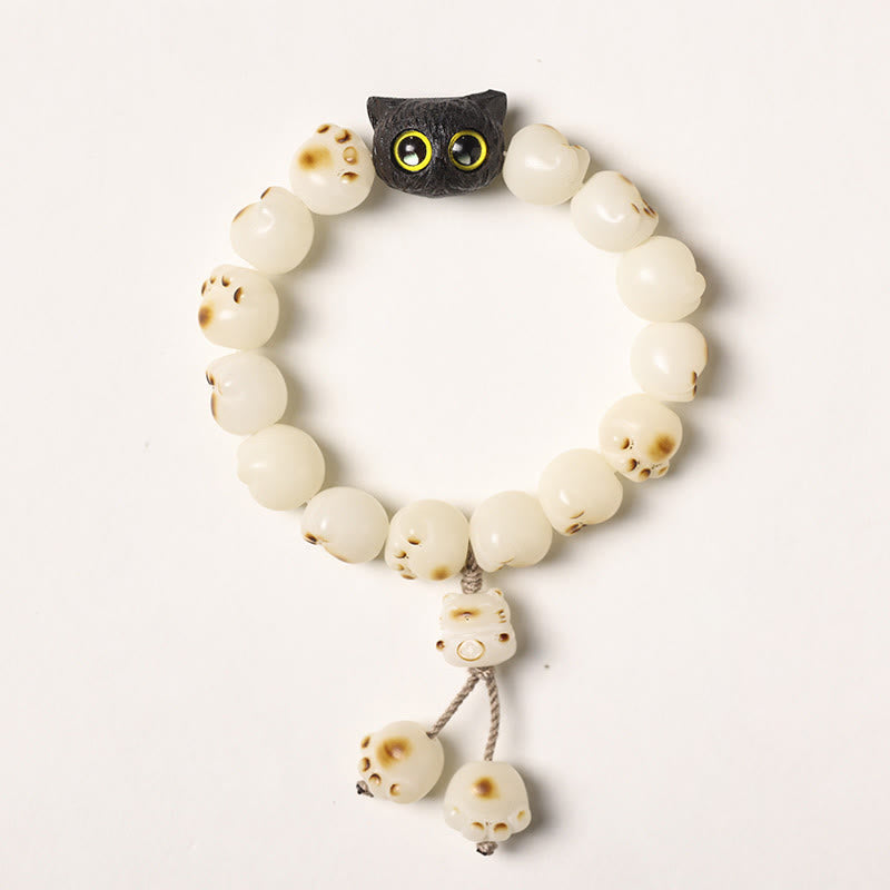 Fortune Jewel Natural Bodhi Seed Lovely Paw Ebony Wood Lucky Cat Wisdom Bracelet