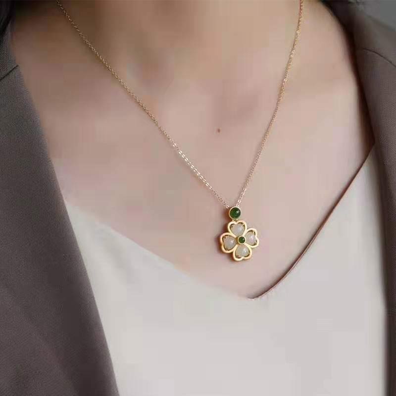 Fortune Jewel 925 Sterling Silver Lucky Four Leaf Clover Jade Prosperity Necklace Chain Pendant