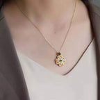 Fortune Jewel 925 Sterling Silver Lucky Four Leaf Clover Jade Prosperity Necklace Chain Pendant