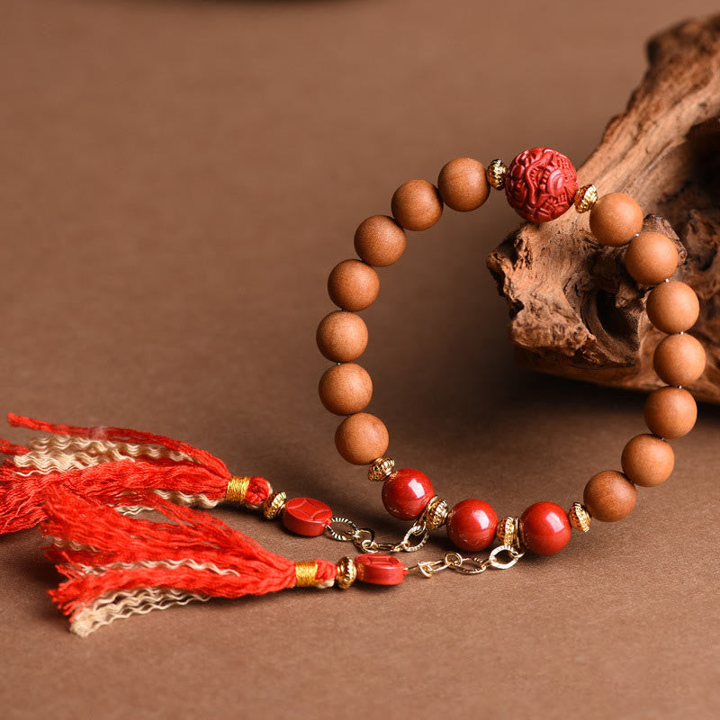 Fortune Jewel Tibetan Natural Peach Wood Cinnabar PiXiu Wealth Tassels Bracelet