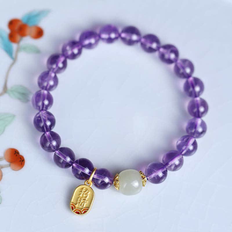 Fortune Jewel Natural Amethyst Crystal Hetian Jade Healing Charm Bracelet