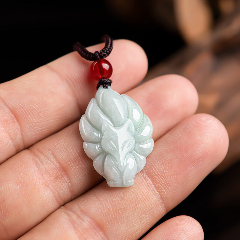 Fortune Jewel Natural Jade Nine Tailed Fox Luck Prosperity Necklace Pendant