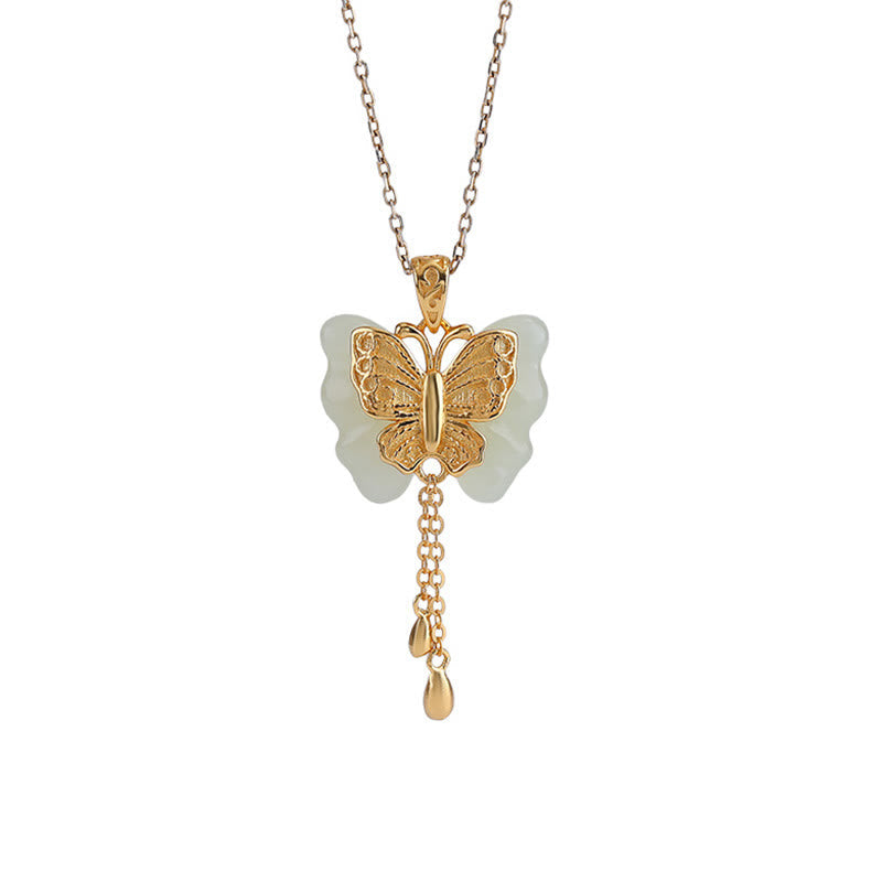 Fortune Jewel 925 Sterling Silver Plated Gold Hetian White Jade Butterfly Blessing Necklace Pendant