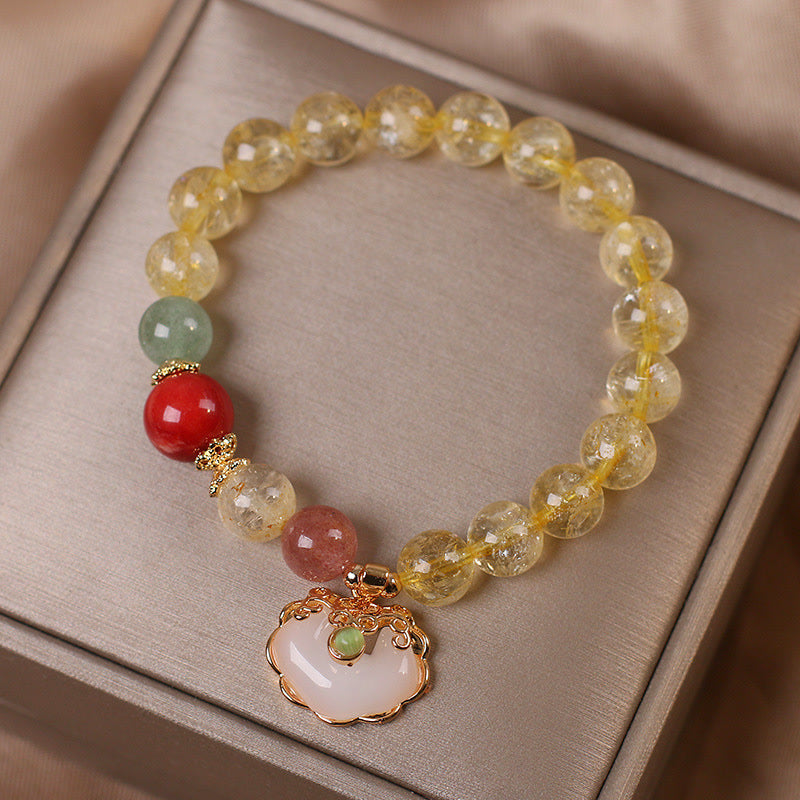 Fortune Jewel Natural Citrine White Jade Strawberry Quartz Protection Charm Bracelet