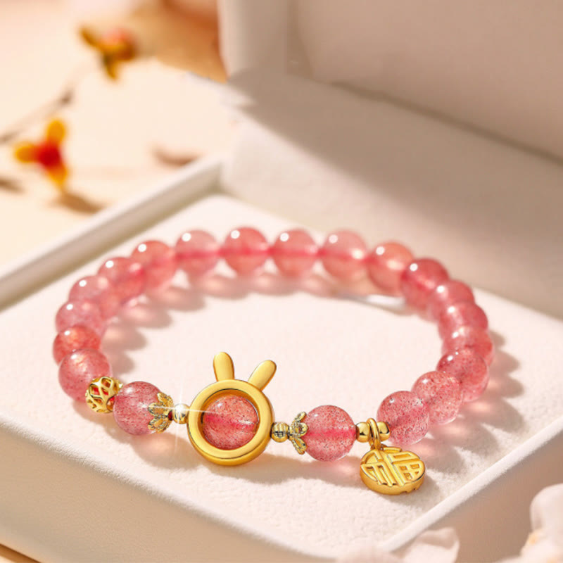 Fortune Jewel Strawberry Quartz Fu Character Pink Crystal Healing Bracelet