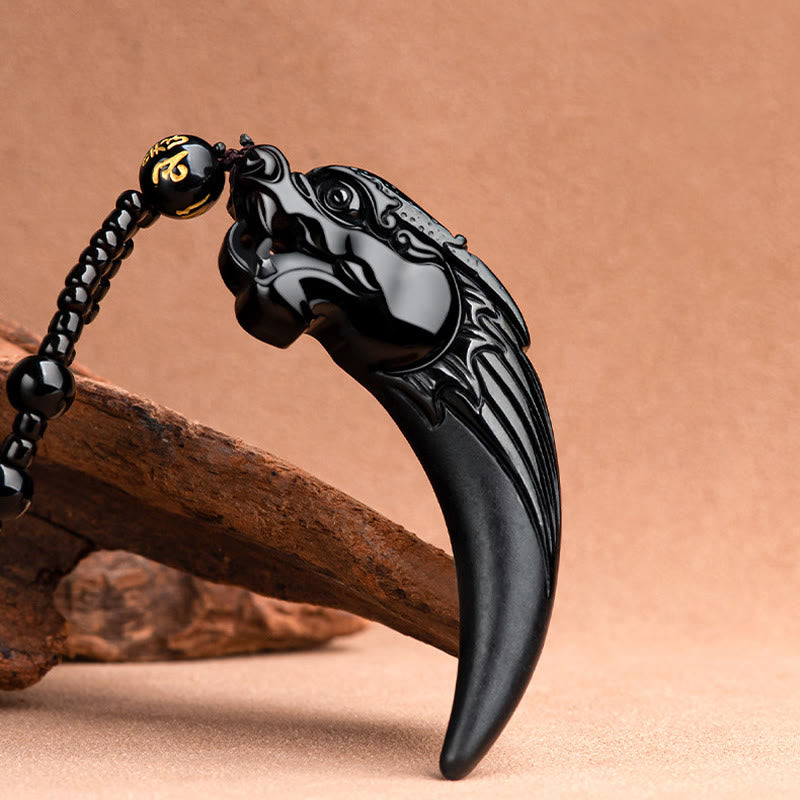 Fortune Jewel Natural Black Jade Chinese Zodiac Dragon Tooth Pattern Protection Necklace Pendant Fortune Jewel
