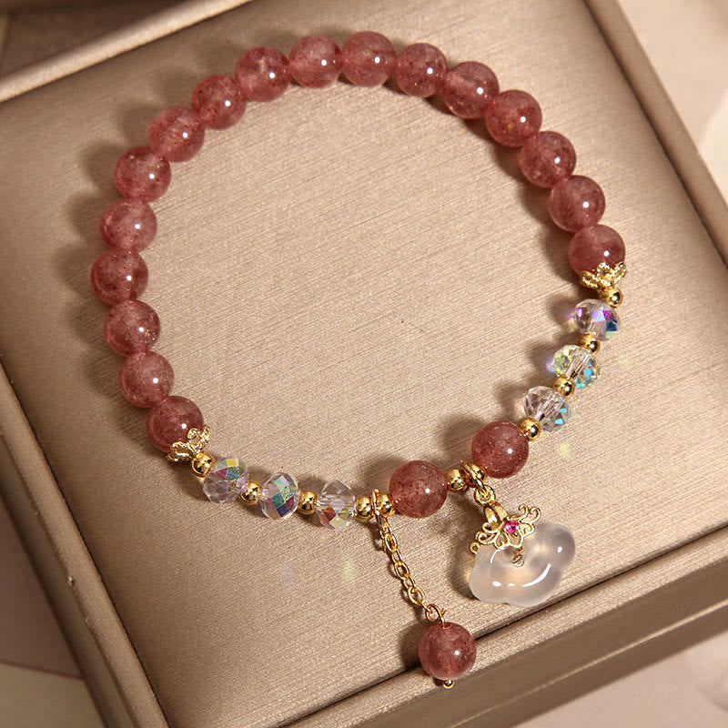 Fortune Jewel Natural Strawberry Quartz Crystal White Agate Auspicious Cloud Healing Bracelet