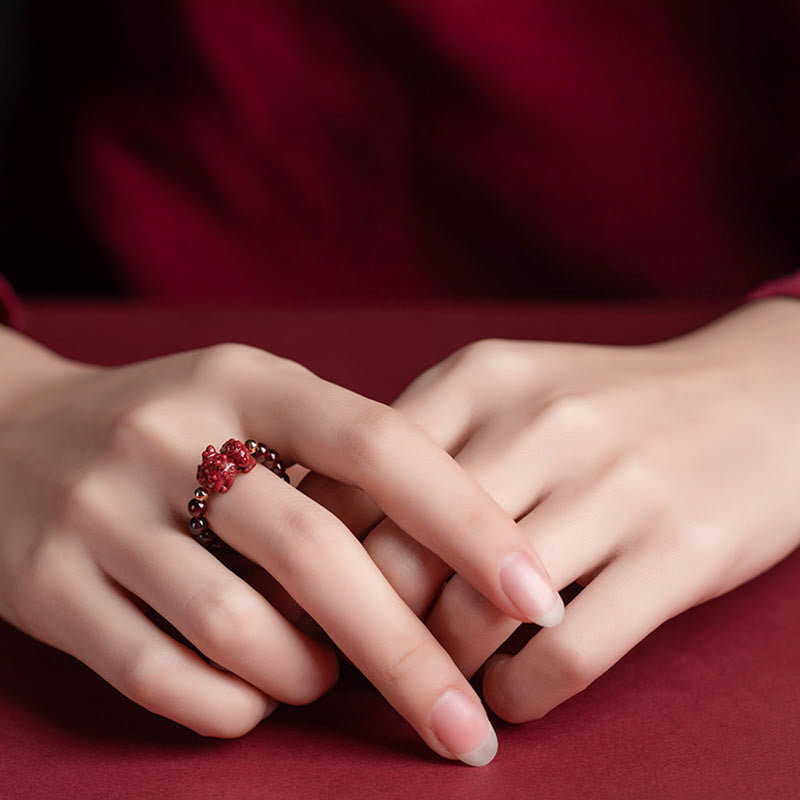 Fortune Jewel Garnet Cinnabar Lucky Bead PiXiu Om Mani Padme Hum Rose Protection Ring