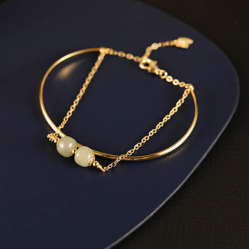 Fortune Jewel Copper Plated Gold Hetian Jade Bead Luck Double Layer Bracelet Bangle