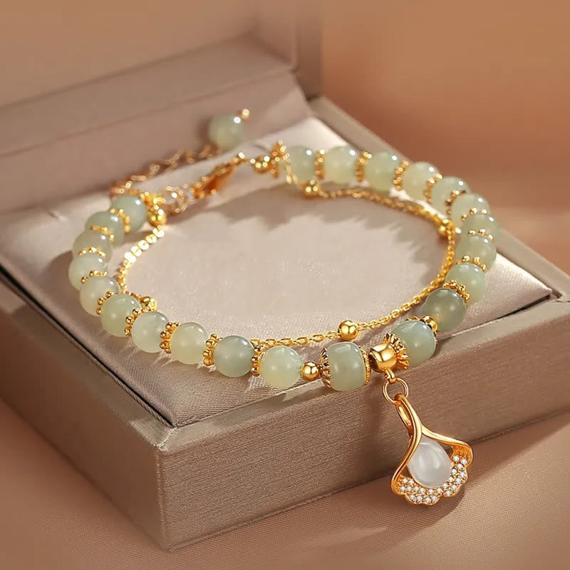 Fortune Jewel Jade Leaf Ginkgo Tulip Peanut Fu Character Luck Beaded Bracelet