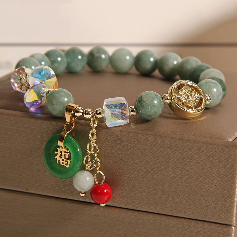 Fortune Jewel Strawberry Quartz Jade Fu Character Charm Healing Bracelet