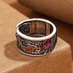 Fortune Jewel Copper Blue Enamel Lotus Heart Sutra Koi Fish Luck Ring Fortune Jewel