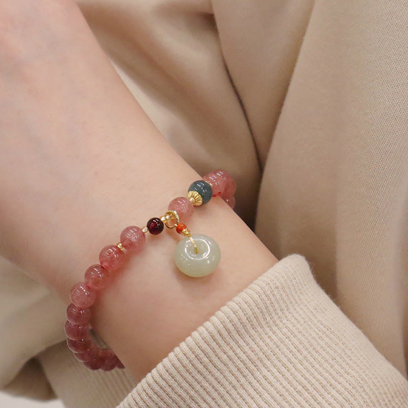 Fortune Jewel Natural Strawberry Quartz Jade Peace Buckle Coin Purse Healing Bracelet