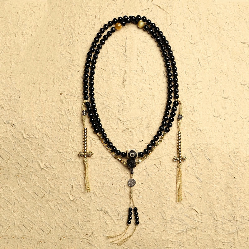 Fortune Jewel Tibetan 108 Mala Beads Black Onyx Three-eyed Dzi Beads Protection Bracelet