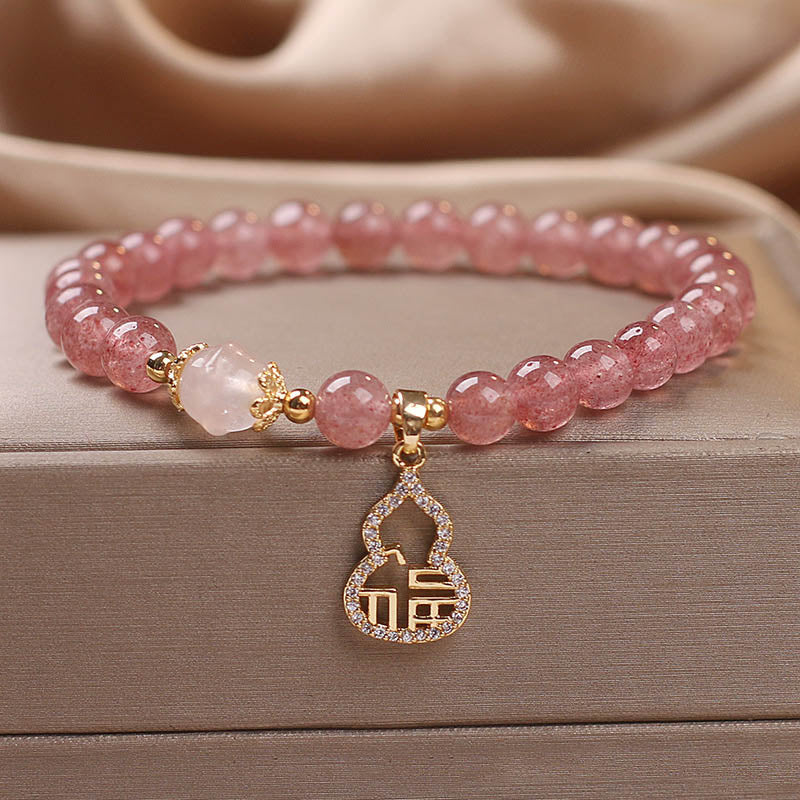 Fortune Jewel Strawberry Quartz Gourd Fu Character Charm Positive Bracelet