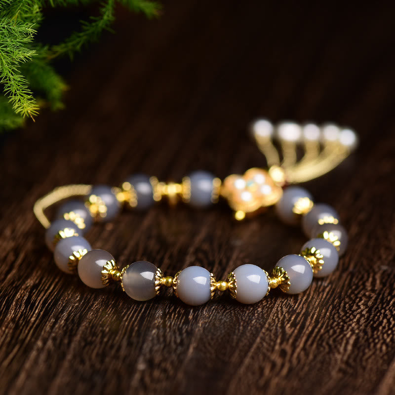 Fortune Jewel Natural Gray Agate Fu Character Pearl Tassel Balance Bracelet