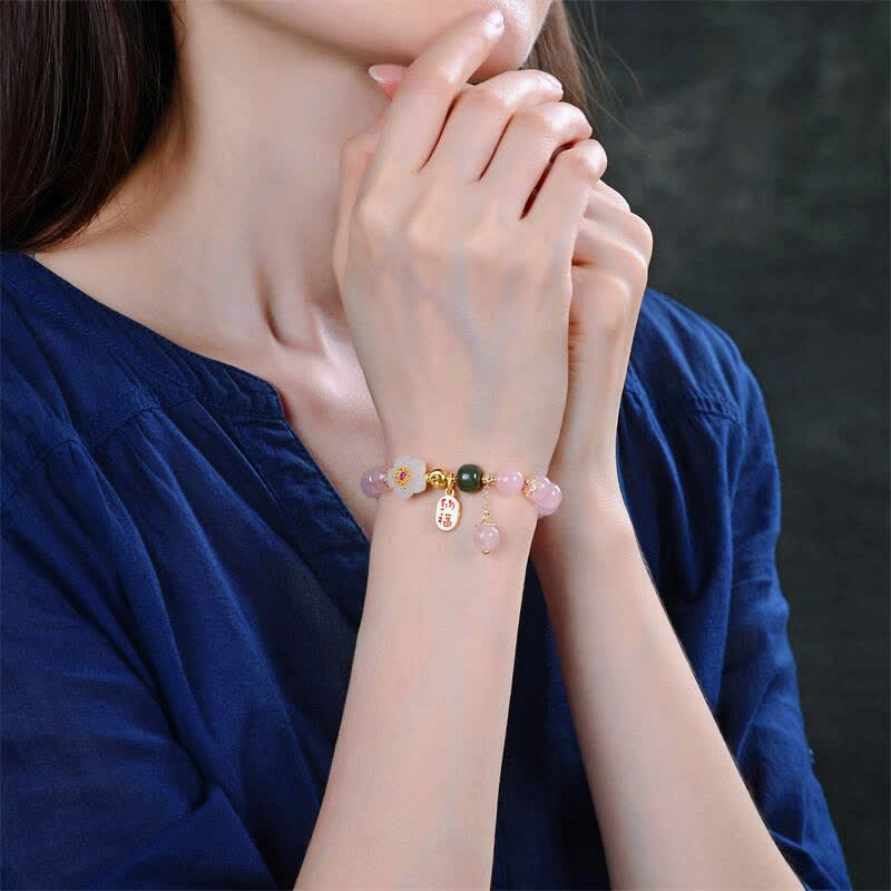 Fortune Jewel Natural Pink Crystal Jade Flower Warm Love Bracelet